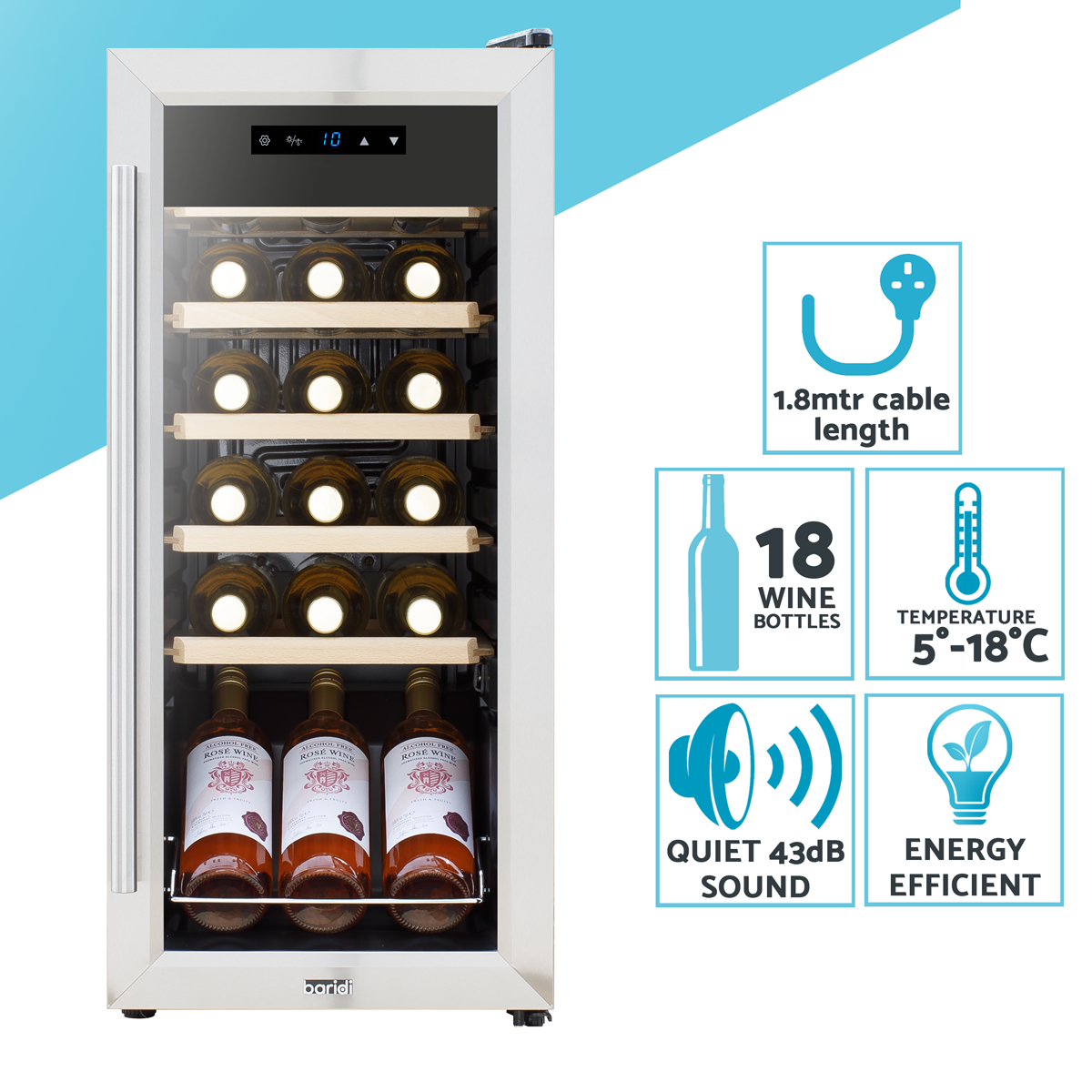 Baridi DH29 18 Bottle Wine Fridge with Digital Touch Screen Controls & LED Light - Stainless Steel - additional view 11