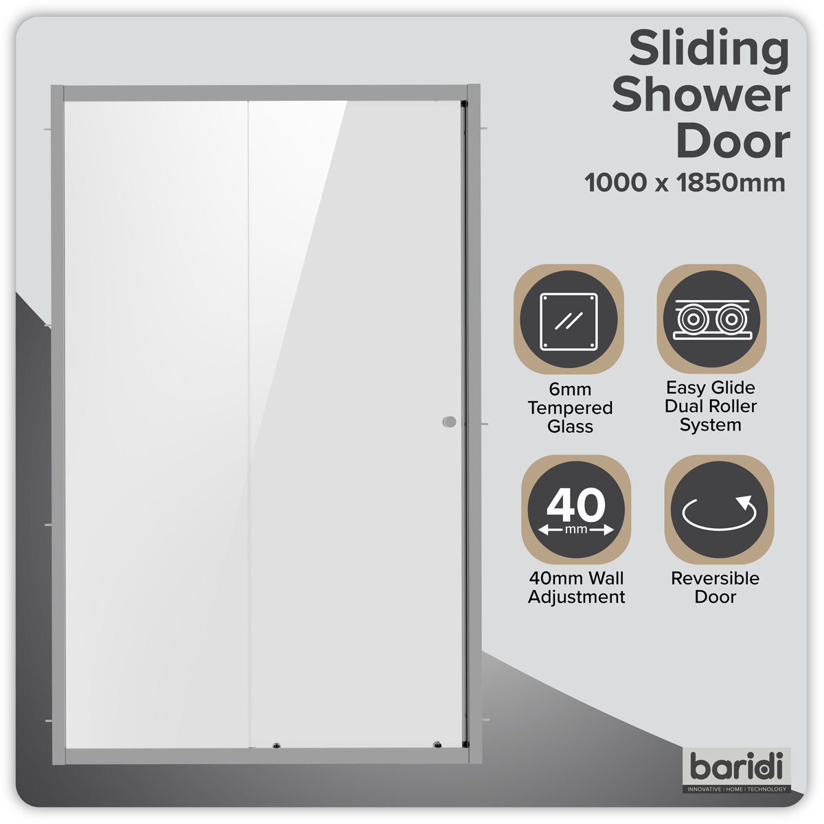 Baridi DH292 Sliding Shower Door 1000 x 1850mm, 6mm Tempered Glass, Reversible - Chrome - additional view 11