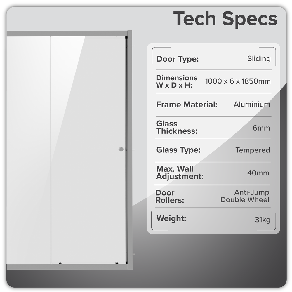 Baridi DH292 Sliding Shower Door 1000 x 1850mm, 6mm Tempered Glass, Reversible - Chrome - additional view 12