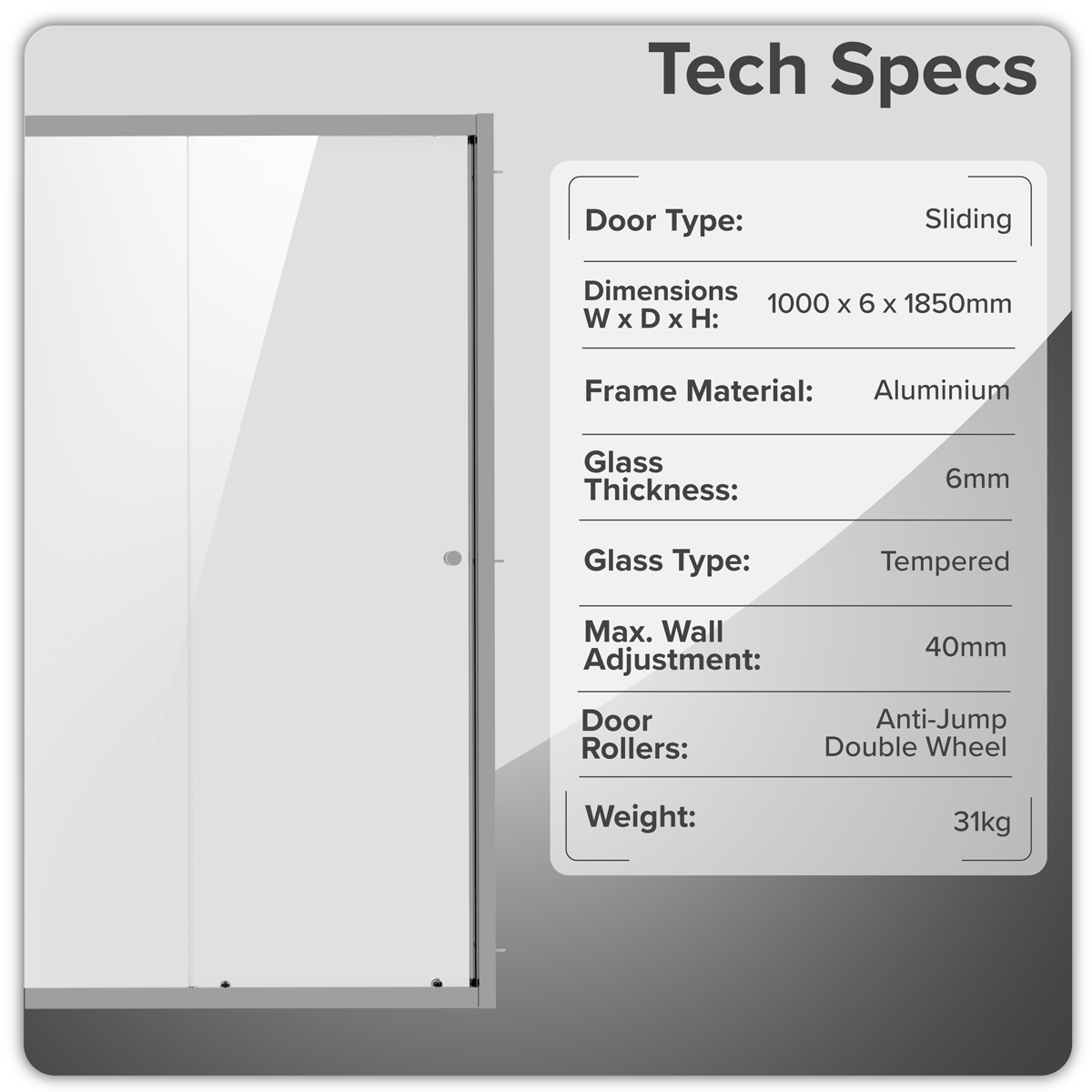 Baridi DH292 Sliding Shower Door 1000 x 1850mm, 6mm Tempered Glass, Reversible - Chrome - additional view 12