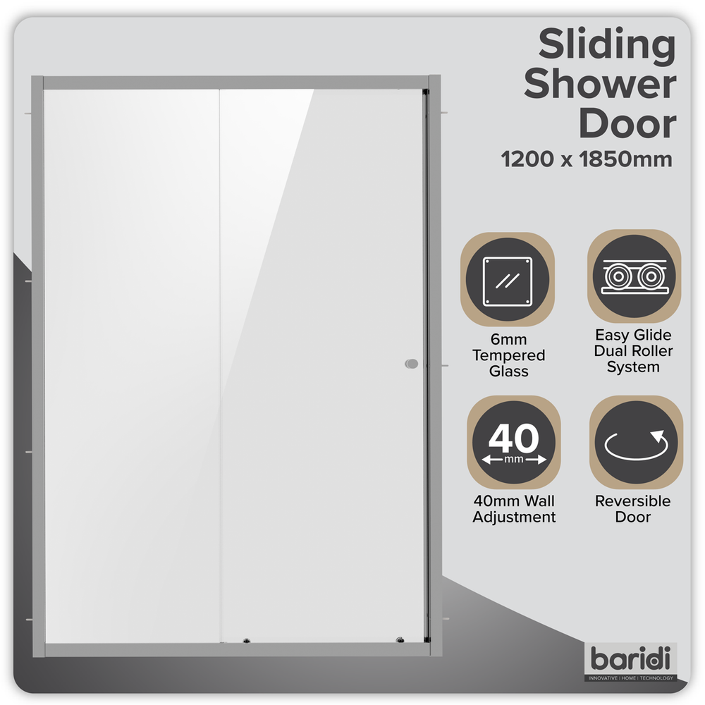 Baridi DH295 Sliding Shower Door 1200 x 1850mm, 6mm Tempered Glass, Reversible - Black - additional view 5