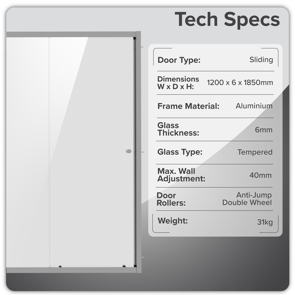 Baridi DH295 Sliding Shower Door 1200 x 1850mm, 6mm Tempered Glass, Reversible - Black - additional view 4