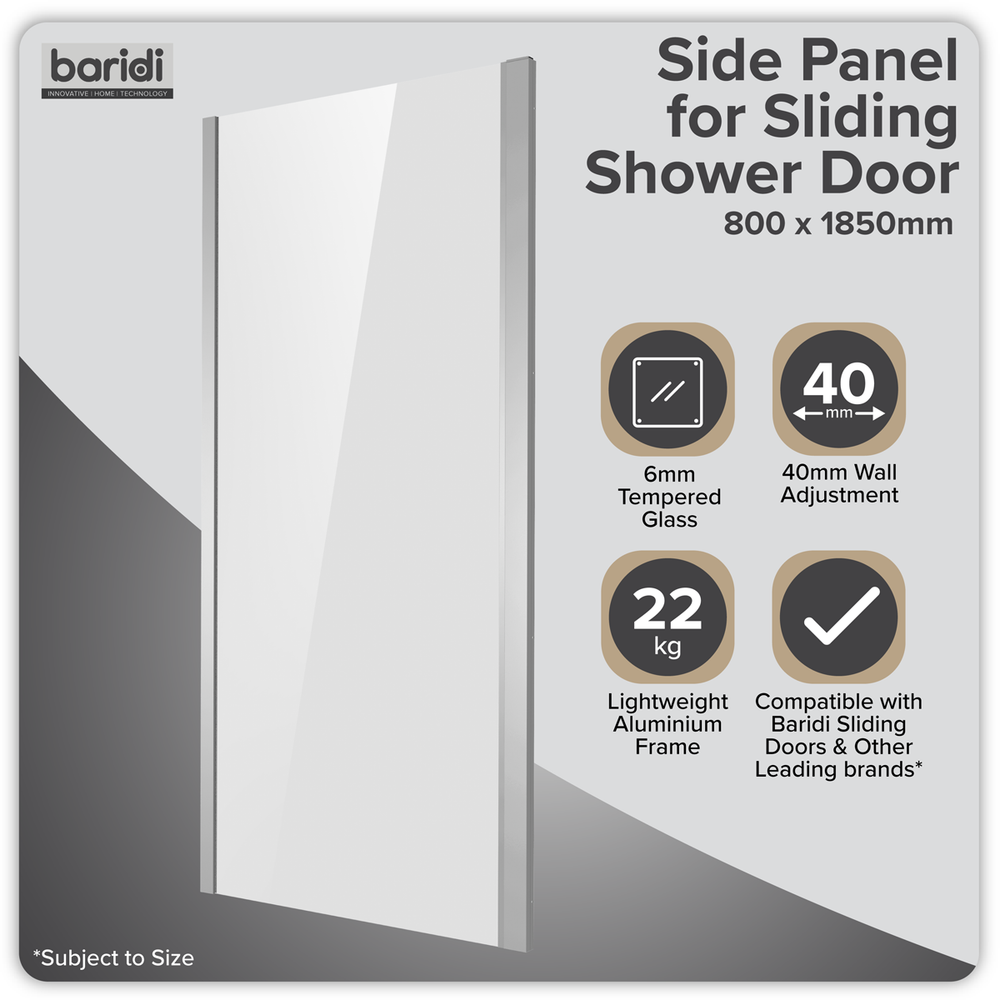 Baridi DH296 Side Panel for Sliding Shower Doors, 6mm Tempered Glass - Chrome - additional view 8