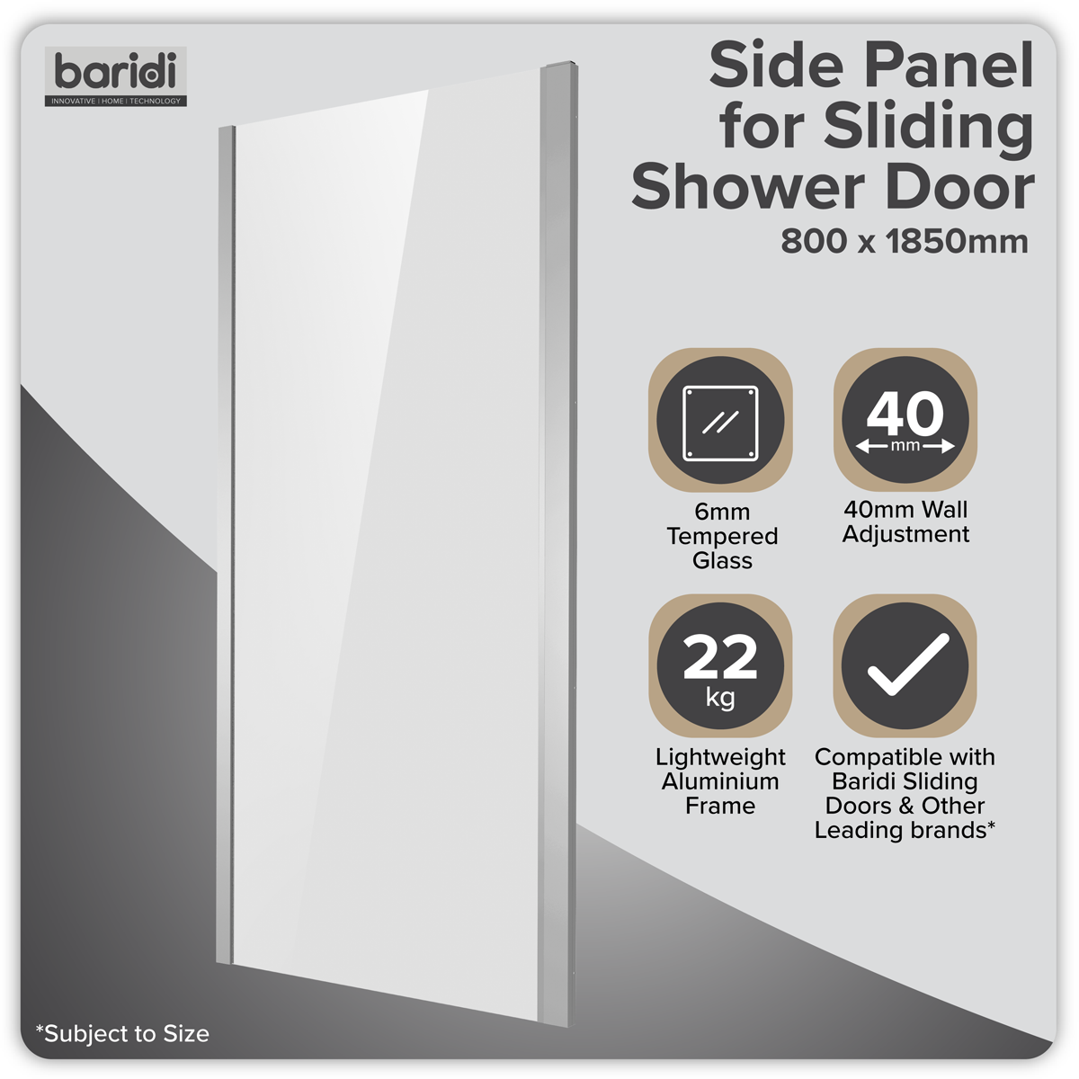 Baridi DH296 Side Panel for Sliding Shower Doors, 6mm Tempered Glass - Chrome - additional view 8