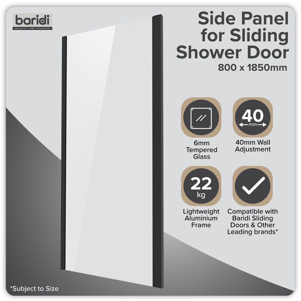 Baridi DH297 Side Panel for Sliding Shower Doors, 6mm Tempered Glass - Black - additional view 4