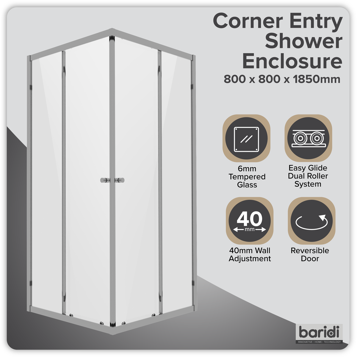 Baridi DH298 Corner Shower Entry Enclosure 800 x 800 x 1850mm with 6mm Tempered Glass - Chrome - additional view 3