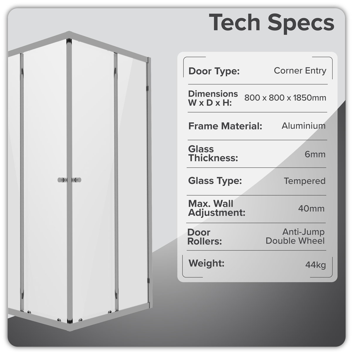 Baridi DH298 Corner Shower Entry Enclosure 800 x 800 x 1850mm with 6mm Tempered Glass - Chrome - additional view 4