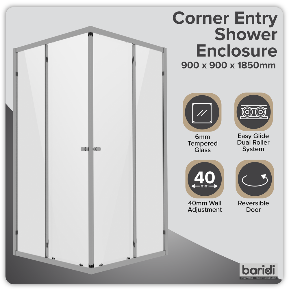 Baridi DH299 Corner Shower Entry Enclosure 900 x 900 x 1850mm with 6mm Tempered Glass - Chrome - additional view 3