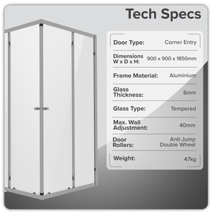 Baridi DH299 Corner Shower Entry Enclosure 900 x 900 x 1850mm with 6mm Tempered Glass - Chrome - additional view 10
