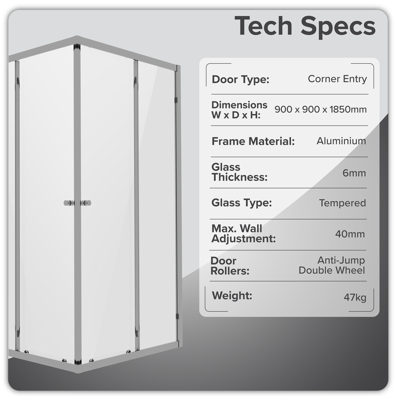 Baridi DH299 Corner Shower Entry Enclosure 900 x 900 x 1850mm with 6mm Tempered Glass - Chrome - additional view 10