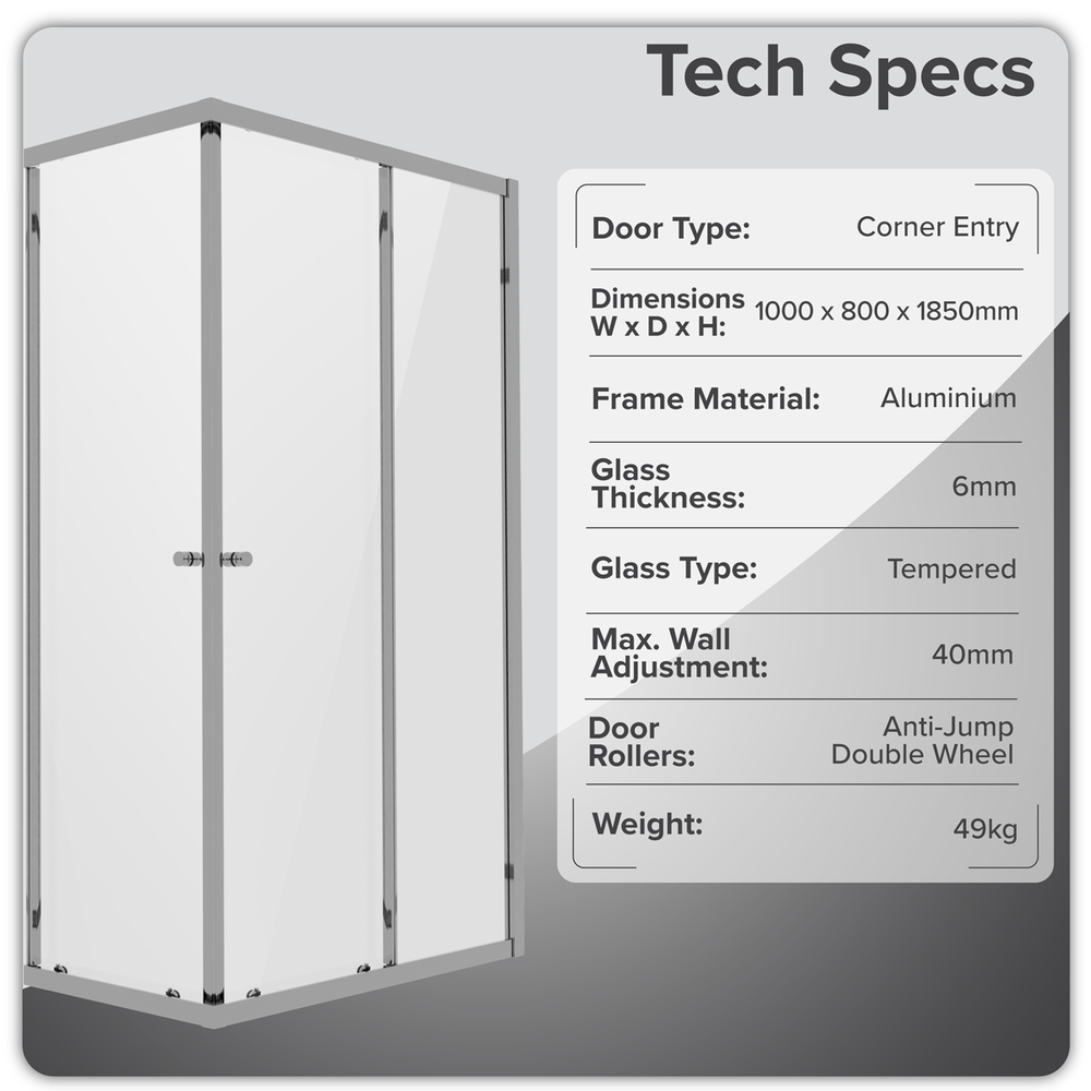 Baridi DH300 Corner Shower Entry Enclosure 1000 x 800 x 1850mm with 6mm Tempered Glass - Chrome - additional view 4