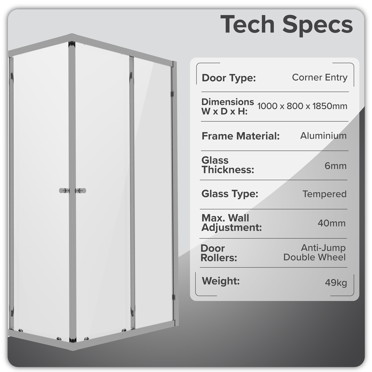 Baridi DH300 Corner Shower Entry Enclosure 1000 x 800 x 1850mm with 6mm Tempered Glass - Chrome - additional view 4