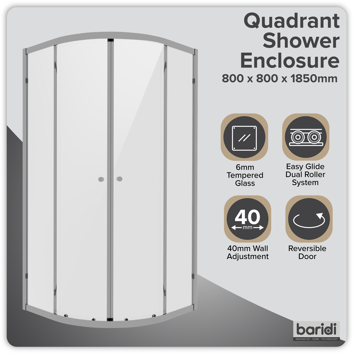 Baridi DH301 Quadrant Shower Entry Enclosure 800 x 800 x 1850mm with 6mm Tempered Glass - Chrome - additional view 7
