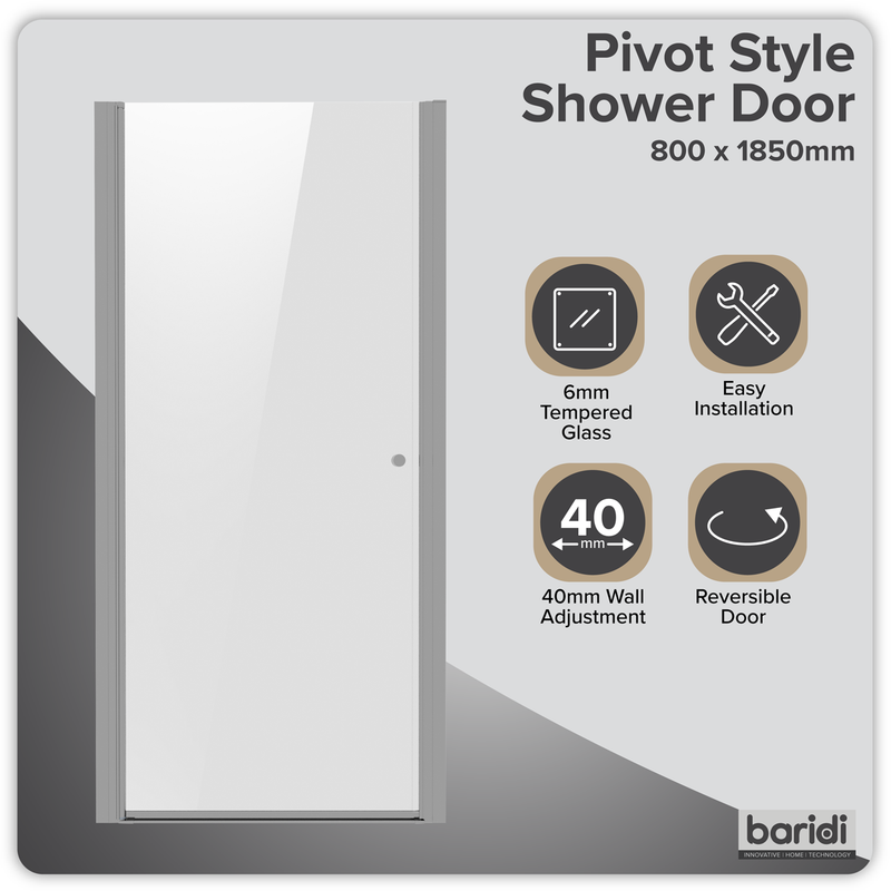 Baridi DH303 Pivot Shower Door 800 x 1850mm, 6mm Tempered Glass, Reversible - Chrome - additional view 9