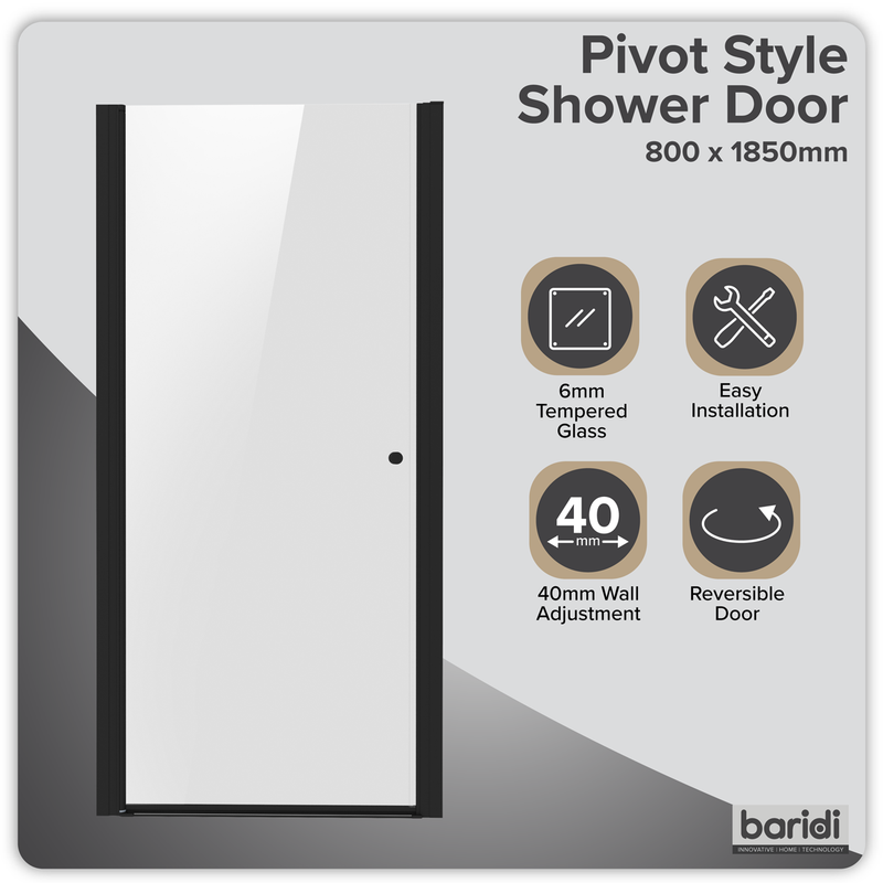 Baridi DH304 Pivot Shower Door 800 x 1850mm, 6mm Tempered Glass, Reversible - Black - additional view 2