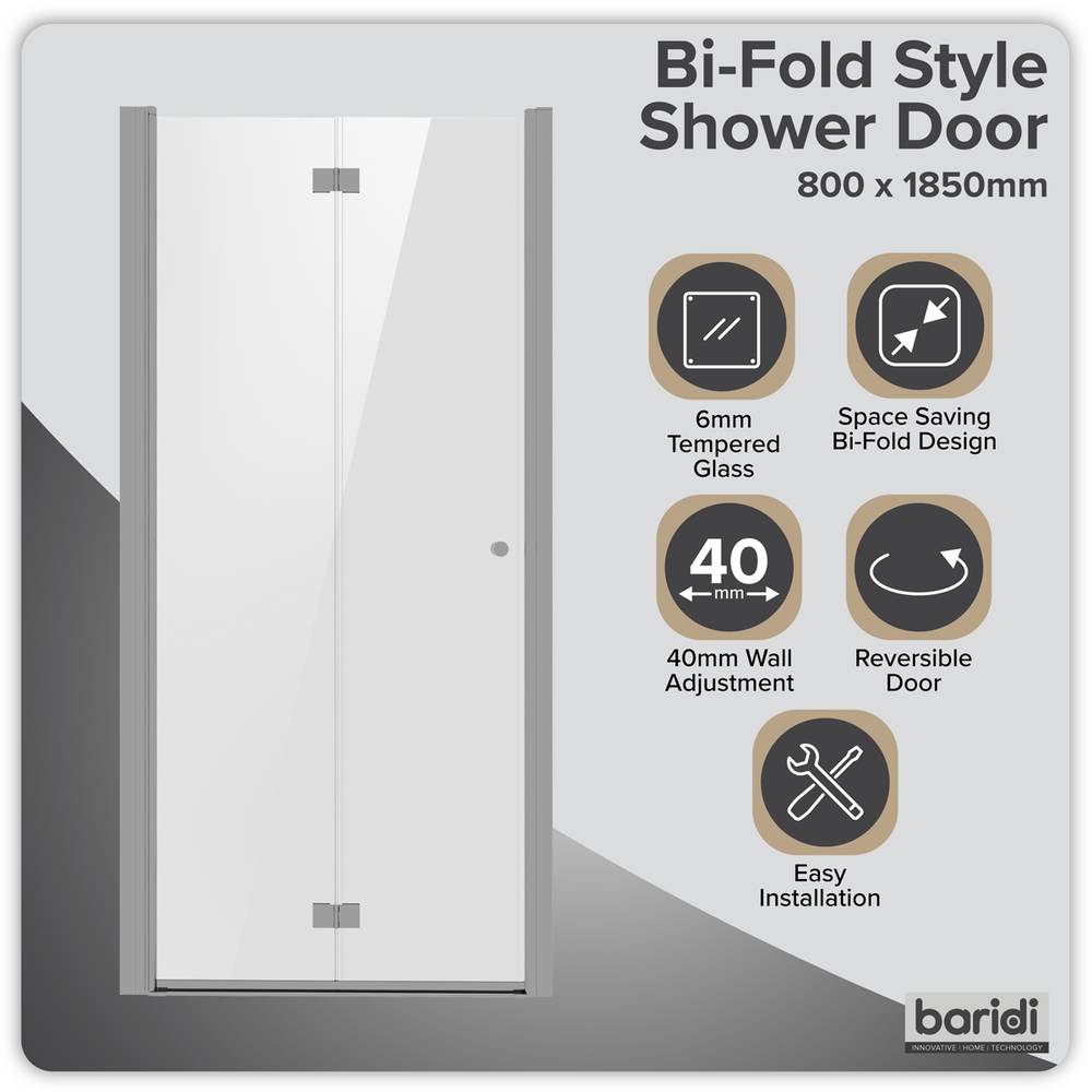 Baridi DH305 Bi-Fold Shower Door 800 x 1850mm, 6mm Tempered Glass, Reversible - Chrome - additional view 11