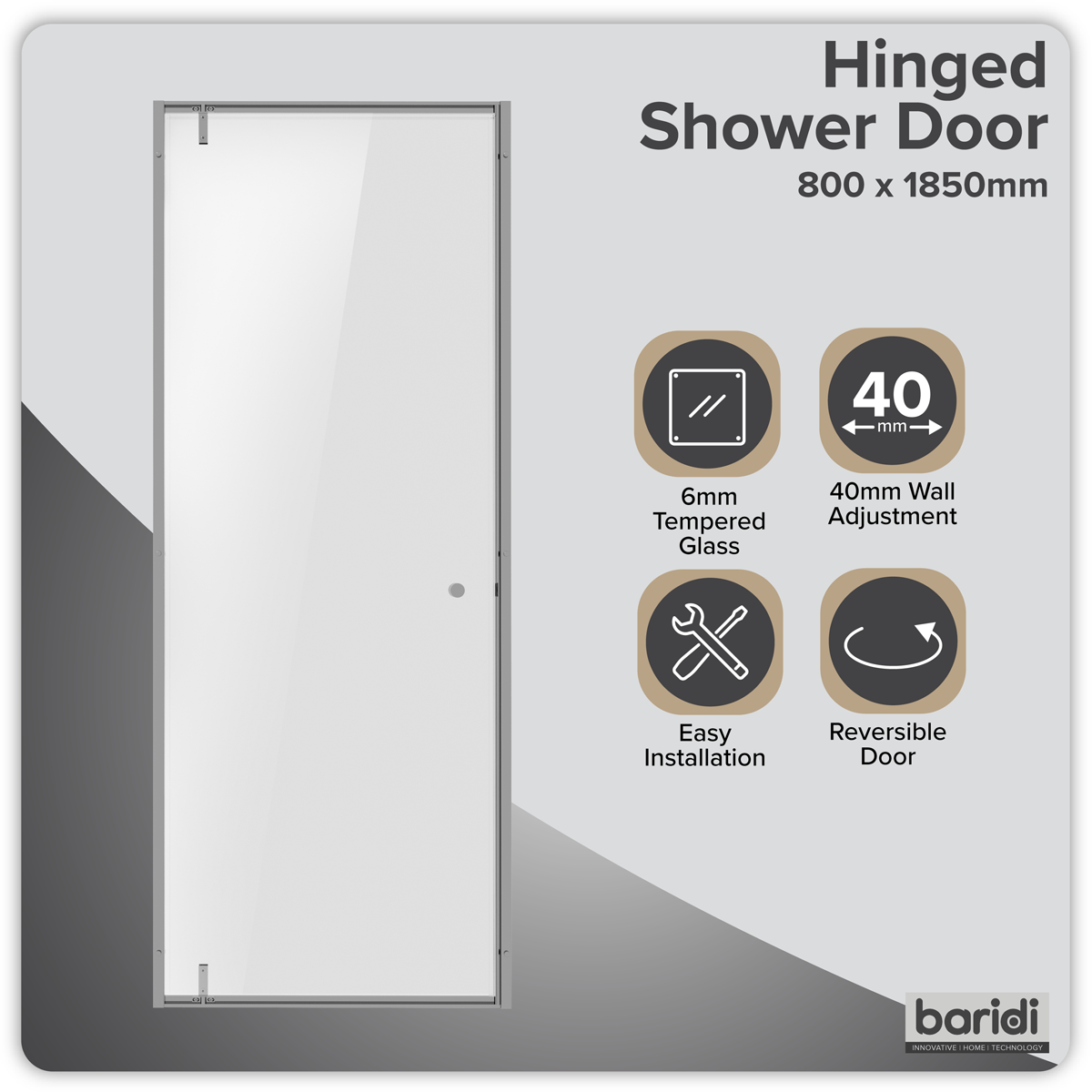 Baridi DH306 Hinged Shower Door 800 x 1850mm, 6mm Tempered Glass, Reversible - Chrome - additional view 10