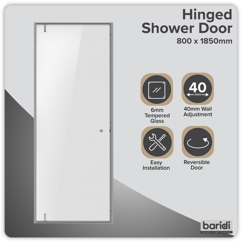 Baridi DH306 Hinged Shower Door 800 x 1850mm, 6mm Tempered Glass, Reversible - Chrome - additional view 10