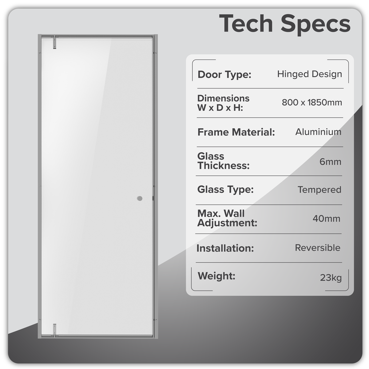 Baridi DH306 Hinged Shower Door 800 x 1850mm, 6mm Tempered Glass, Reversible - Chrome - additional view 3