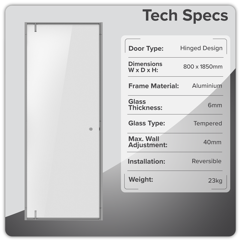 Baridi DH306 Hinged Shower Door 800 x 1850mm, 6mm Tempered Glass, Reversible - Chrome - additional view 3