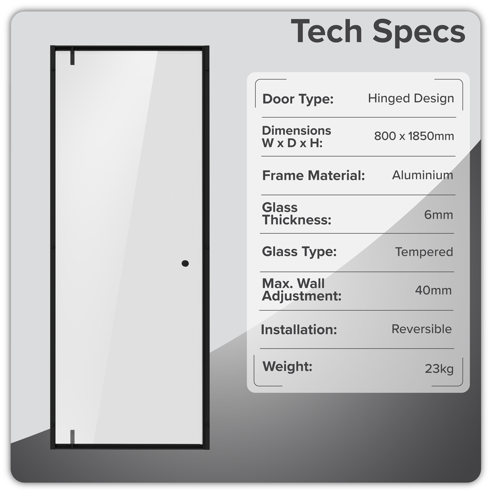 Baridi DH307 Hinged Shower Door 800 x 1850mm, 6mm Tempered Glass, Reversible - Black - additional view 7