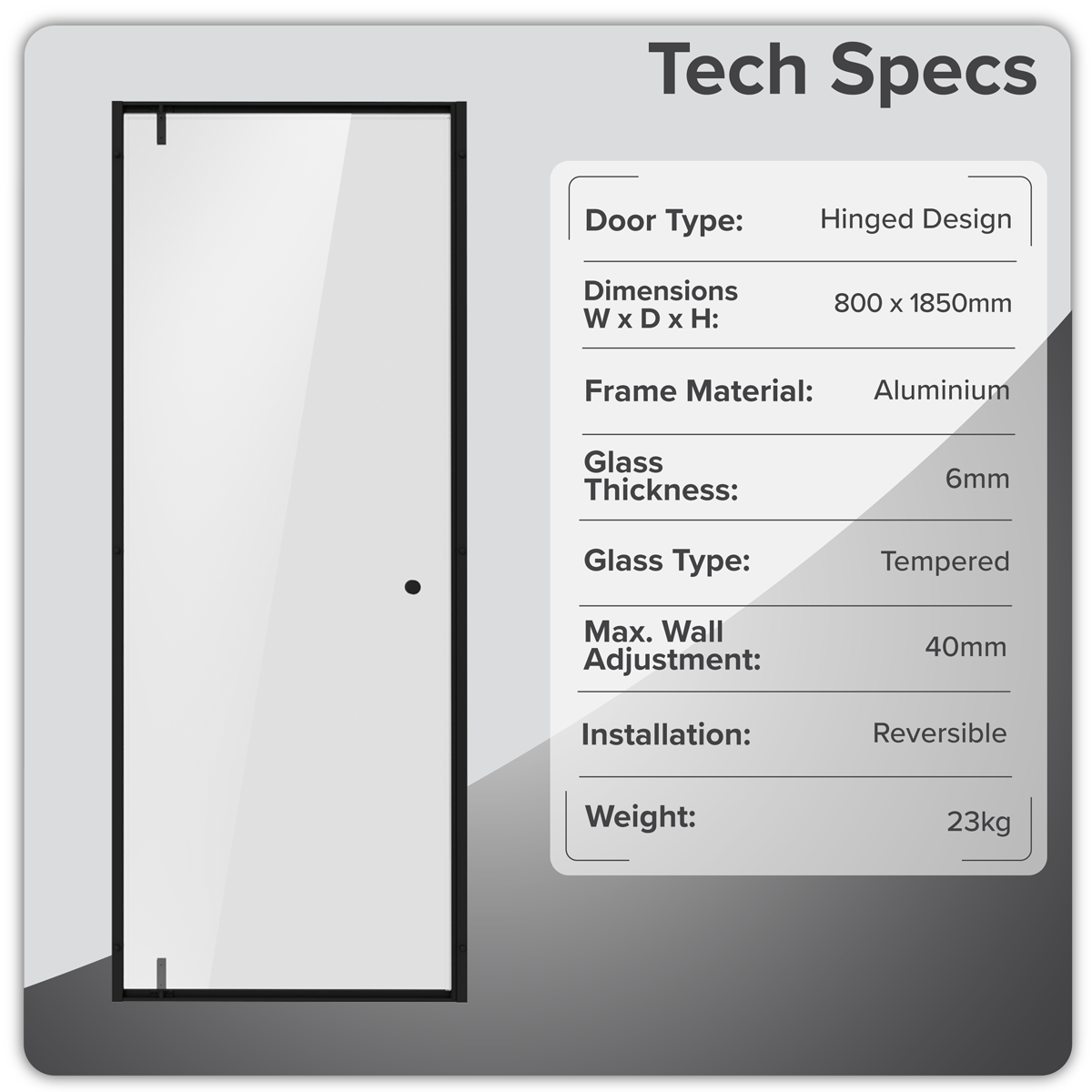 Baridi DH307 Hinged Shower Door 800 x 1850mm, 6mm Tempered Glass, Reversible - Black - additional view 7