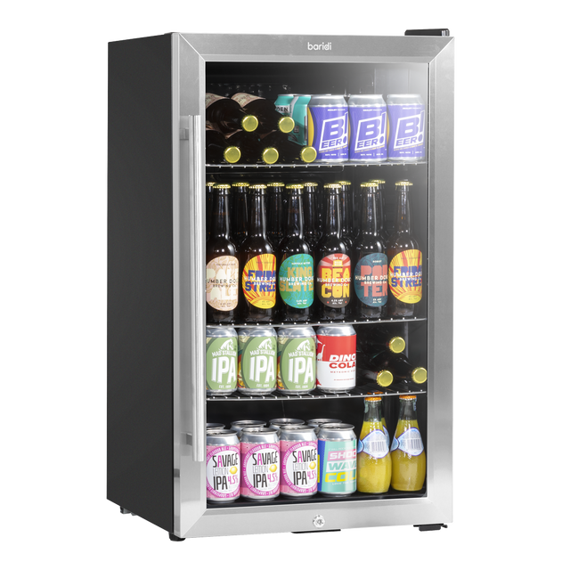 Baridi DH31 Undercounter Drinks, Beer & Wine Fridge with Wire Shelves, Internal Light & Security Lock 85L - Stainless Steel