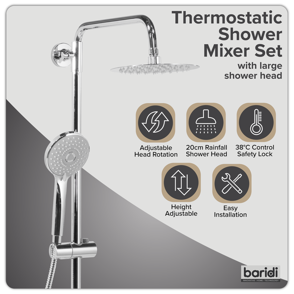 Baridi DH314 Thermostatic Shower Mixer Set, 20cm Round Head, Adjustable Rail - Chrome - additional view 15