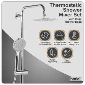 Baridi DH314 Thermostatic Shower Mixer Set, 20cm Round Head, Adjustable Rail - Chrome - additional view 15