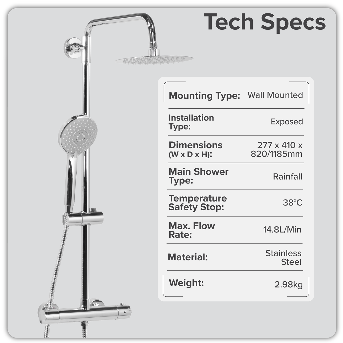 Baridi DH314 Thermostatic Shower Mixer Set, 20cm Round Head, Adjustable Rail - Chrome - additional view 13
