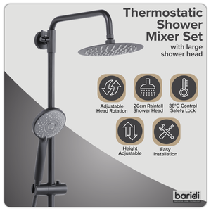 Baridi DH315 Thermostatic Shower Mixer Set, 20cm Round Head, Adjustable Rail - Black - additional view 7