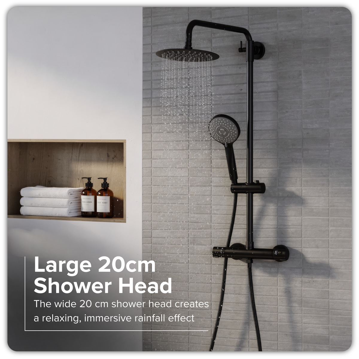 Baridi DH315 Thermostatic Shower Mixer Set, 20cm Round Head, Adjustable Rail - Black - additional view 6