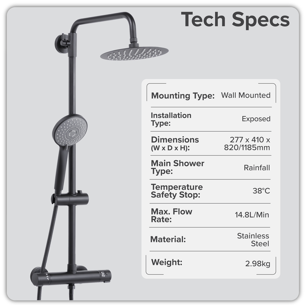 Baridi DH315 Thermostatic Shower Mixer Set, 20cm Round Head, Adjustable Rail - Black - additional view 4