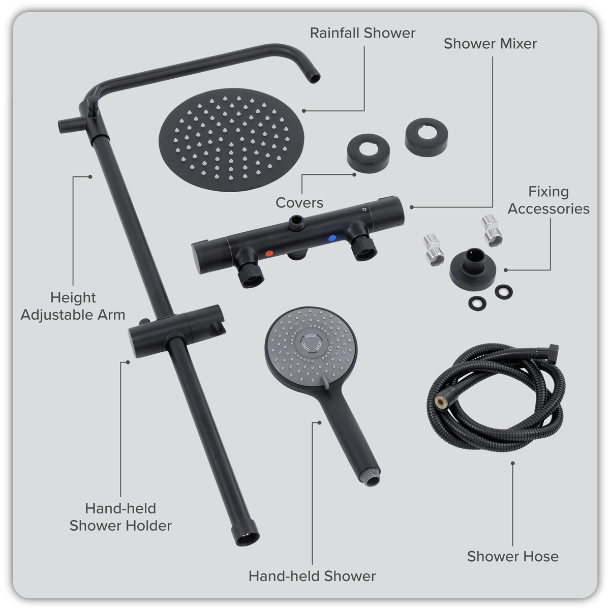 Baridi DH315 Thermostatic Shower Mixer Set, 20cm Round Head, Adjustable Rail - Black - additional view 3