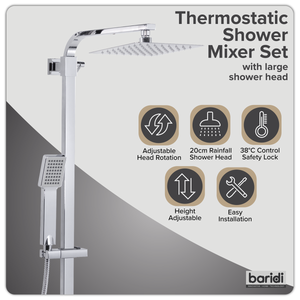 Baridi DH316 Thermostatic Shower Mixer Set, 20x20cm Square Head, Adjustable Rail - Chrome - additional view 14