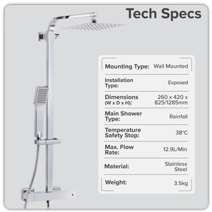 Baridi DH316 Thermostatic Shower Mixer Set, 20x20cm Square Head, Adjustable Rail - Chrome - additional view 3