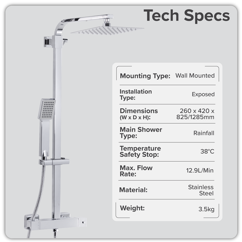 Baridi DH316 Thermostatic Shower Mixer Set, 20x20cm Square Head, Adjustable Rail - Chrome - additional view 3