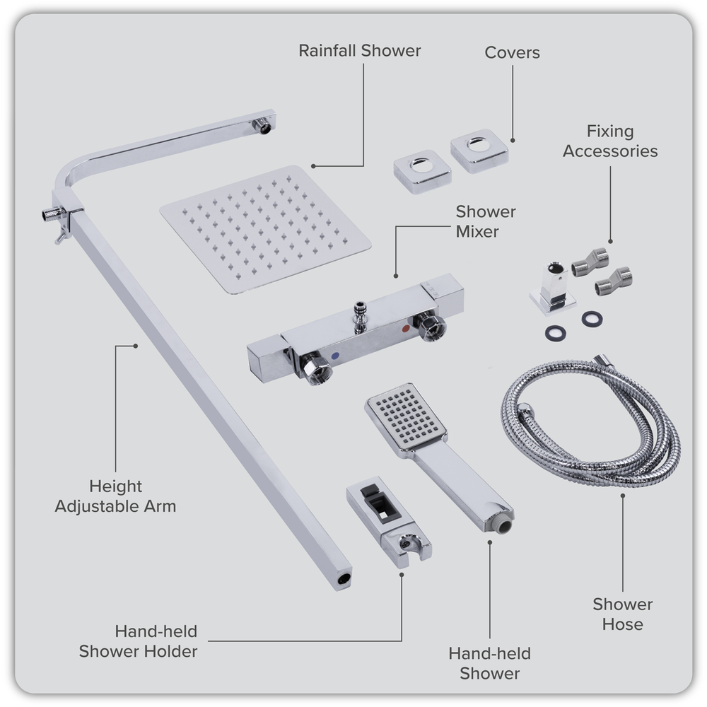 Baridi DH316 Thermostatic Shower Mixer Set, 20x20cm Square Head, Adjustable Rail - Chrome - additional view 10