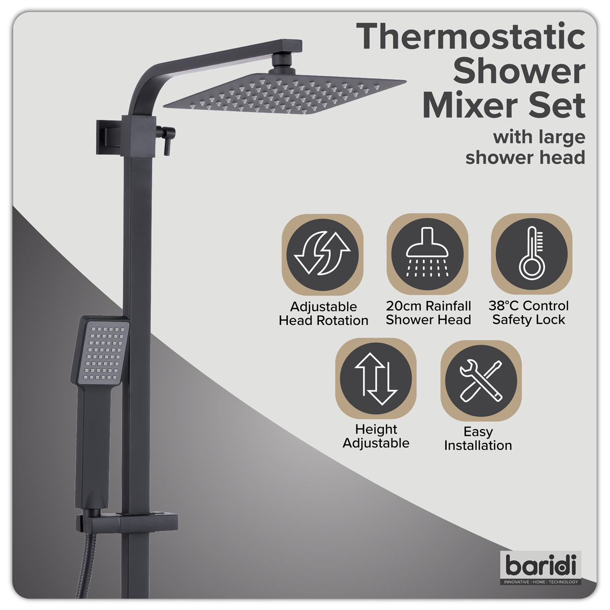 Baridi DH317 Thermostatic Shower Mixer Set, 20x20cm Square Head, Adjustable Rail - Black - additional view 8