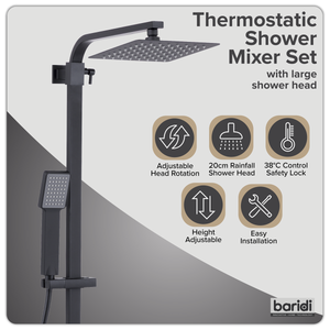 Baridi DH317 Thermostatic Shower Mixer Set, 20x20cm Square Head, Adjustable Rail - Black - additional view 8