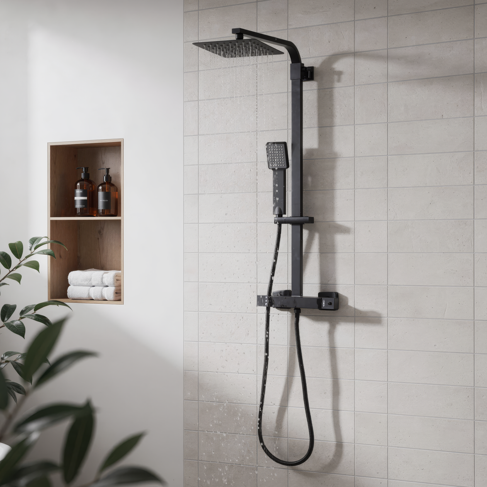Baridi DH317 Thermostatic Shower Mixer Set, 20x20cm Square Head, Adjustable Rail - Black - additional view 6