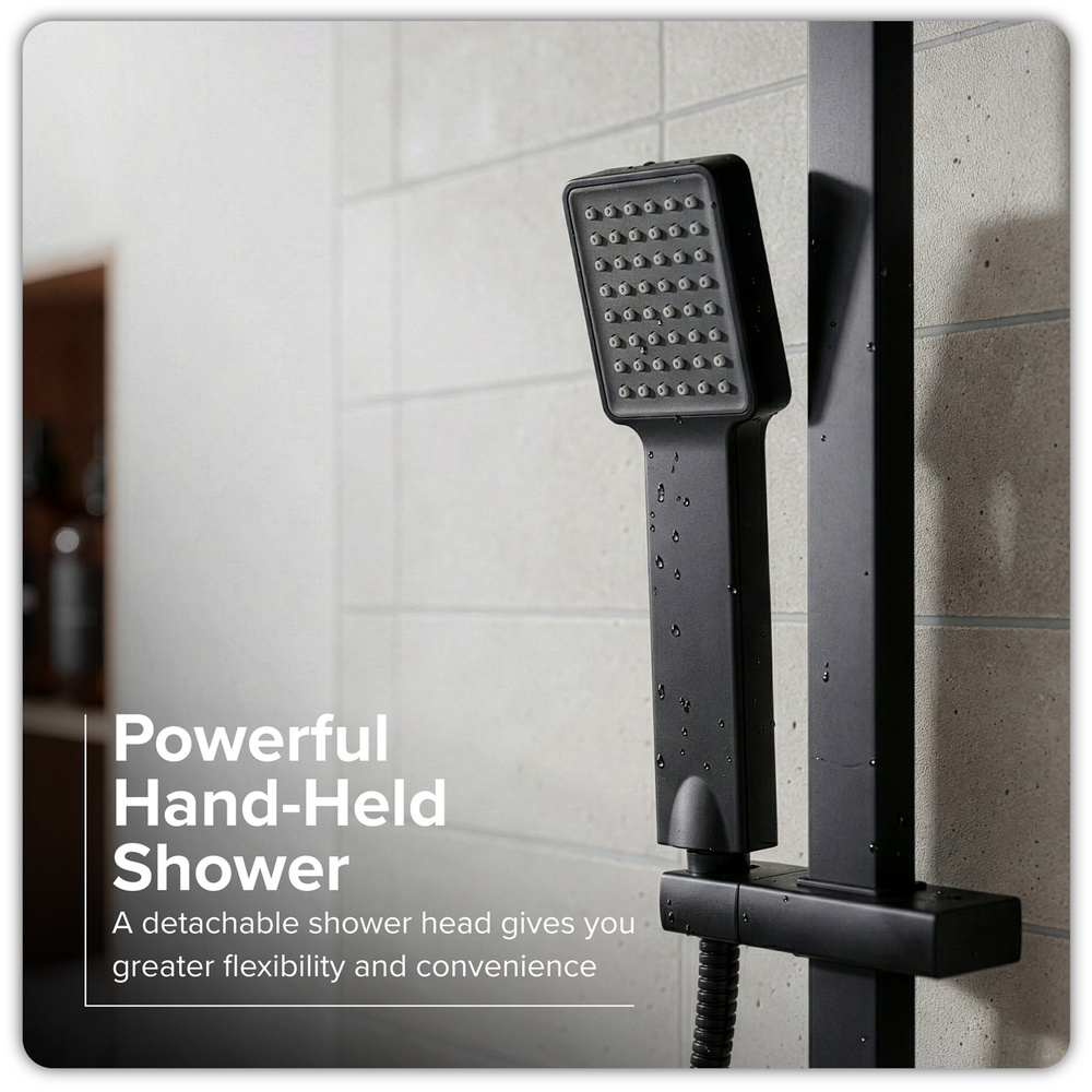 Baridi DH317 Thermostatic Shower Mixer Set, 20x20cm Square Head, Adjustable Rail - Black - additional view 12