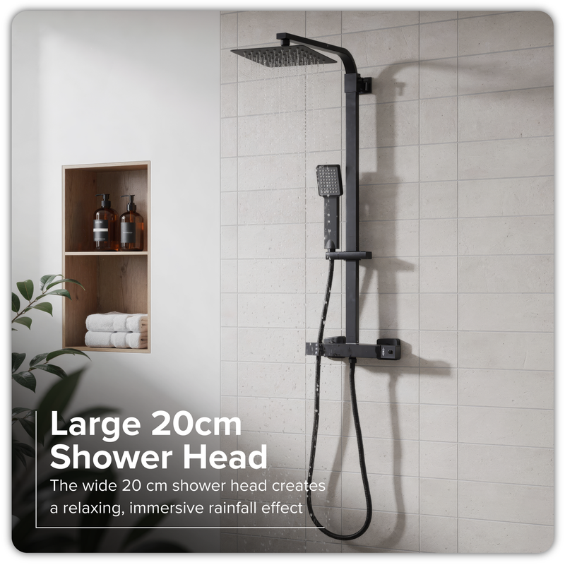 Baridi DH317 Thermostatic Shower Mixer Set, 20x20cm Square Head, Adjustable Rail - Black - additional view 13