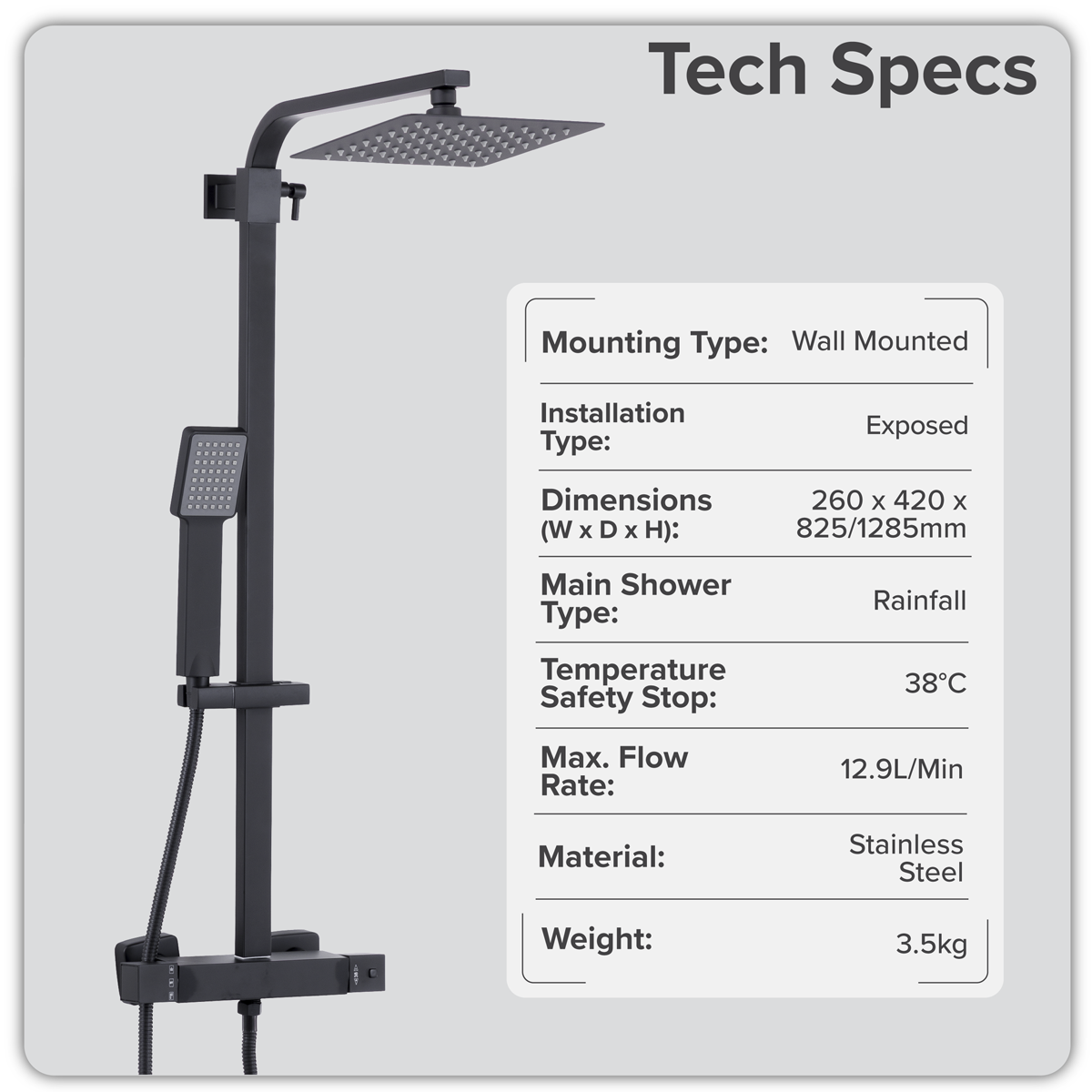 Baridi DH317 Thermostatic Shower Mixer Set, 20x20cm Square Head, Adjustable Rail - Black - additional view 9
