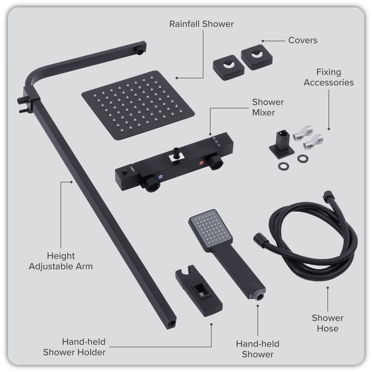 Baridi DH317 Thermostatic Shower Mixer Set, 20x20cm Square Head, Adjustable Rail - Black - additional view 10