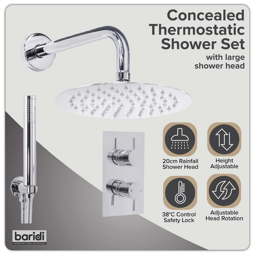 Baridi DH318 Concealed Thermostatic Shower Set 20cm Round Head & Hand Shower - Chrome - additional view 5