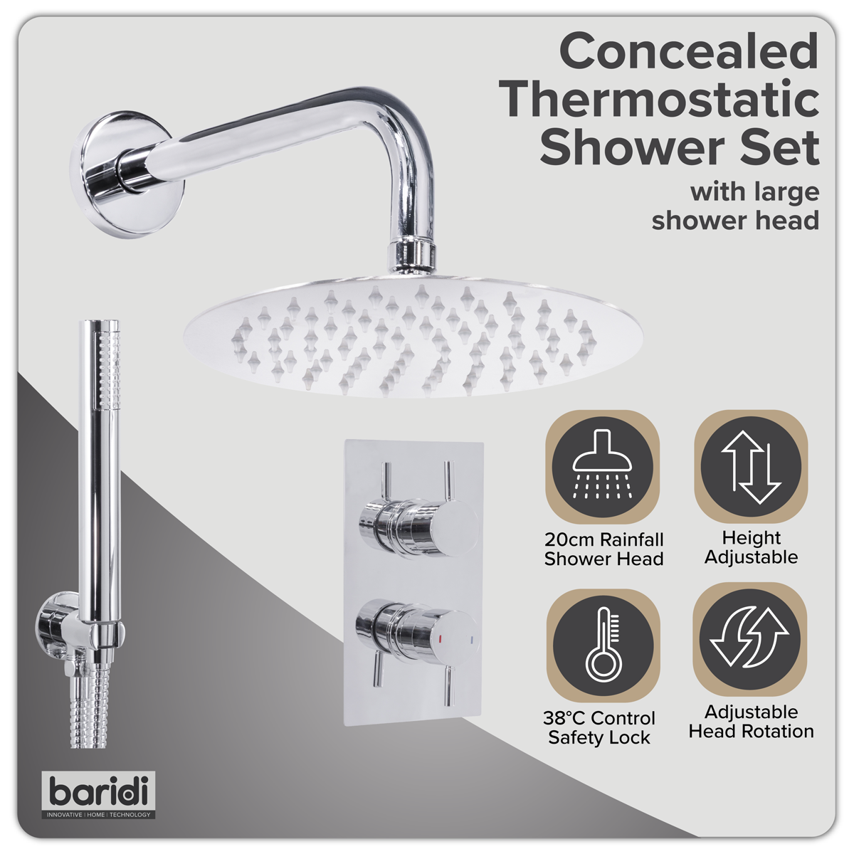 Baridi DH318 Concealed Thermostatic Shower Set 20cm Round Head & Hand Shower - Chrome - additional view 5