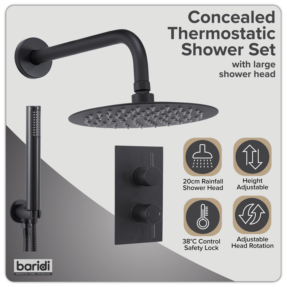 Baridi DH319 Concealed Thermostatic Shower Set, 20cm Round Head & Hand Shower - Black - additional view 7
