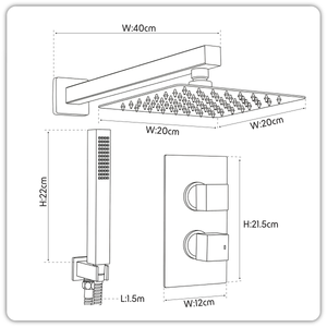 Baridi DH320 Concealed Thermostatic Shower Set 20 x 20cm Square Head & Hand Shower - Chrome - additional view 13