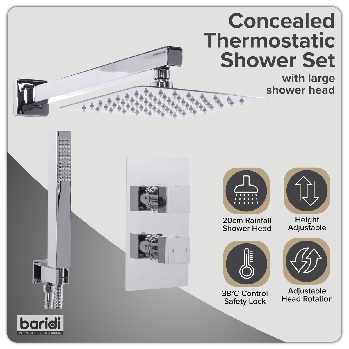 Baridi DH320 Concealed Thermostatic Shower Set 20 x 20cm Square Head & Hand Shower - Chrome - additional view 11